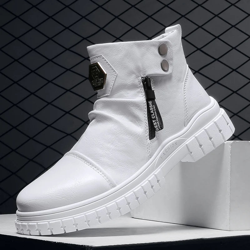 Fashion Mens Ankle Boots British Style High Top Casual Shoes Outdoor Walking Shoes Non-slip Work Boots Comfortable Leather Boots