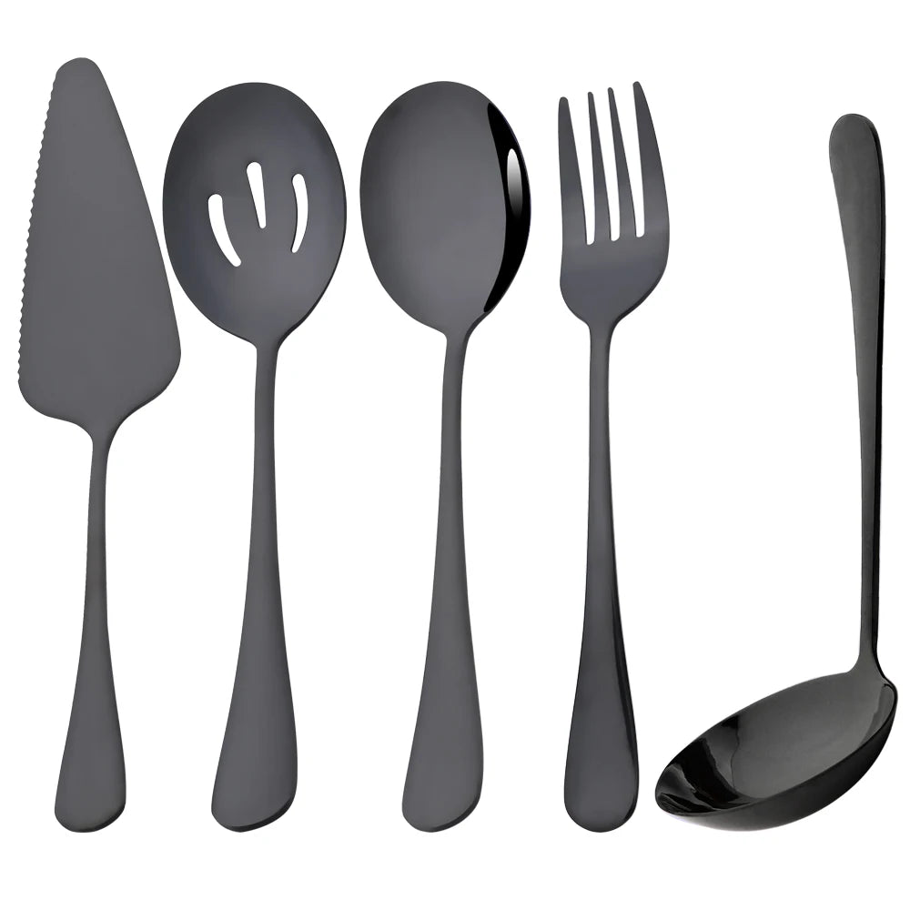 Drmfiy 5/7Pcs Black Cutlery Serving Utensils Dinnerware Set Buffet Catering Flatware Serving Colander Spoons Fork Silverware Set
