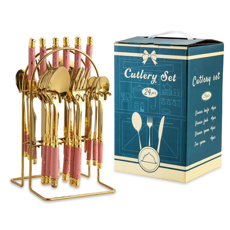 24 Pcs Stainless Steel Cutlery Hammer Pattern Ceramic Handle Knife Fork Spoon Set cutlery set travel cutlery set flatware set
