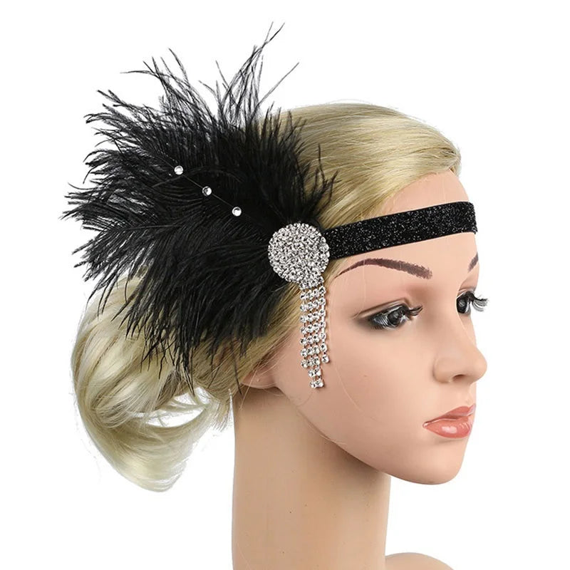 Hair Accessories For Women Girls Black Headband Rhinestone Sequin Vintage Party Headpiece Beaded Flapper Hair Feather Headband