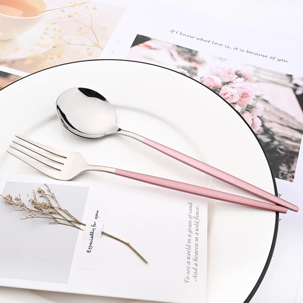 Drmfiy Pink Silver Stainless Steel Dinnerware Set Fork Knife Soup Ice Spoon Cutlery Set Western Flatware Kitchen Silverware Set