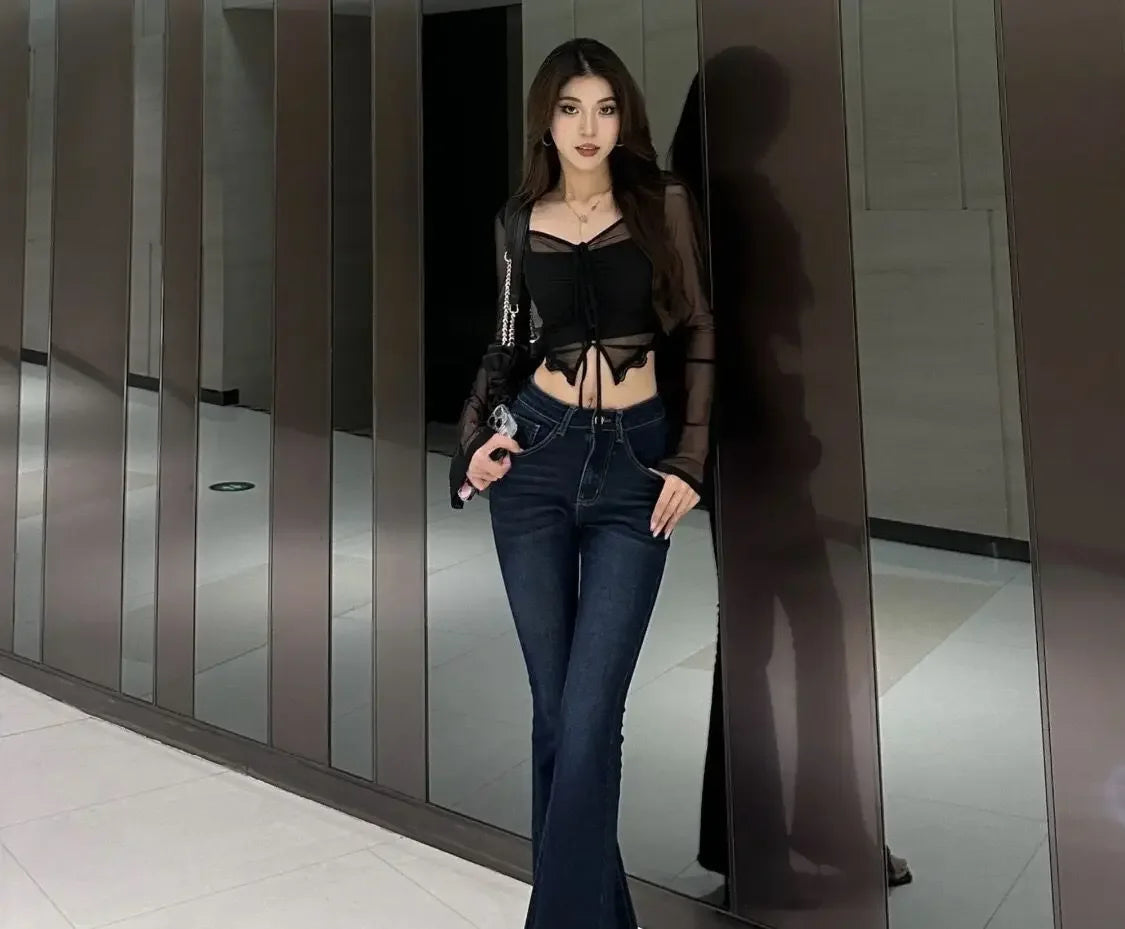 Sheer T-shirts for Women Hot Girls Summer Clothing All-match Solid High Street Sexy Chic Long Sleeve Thin Young Skinny Casual