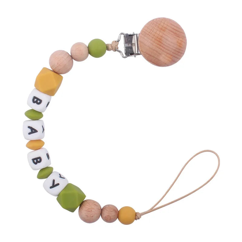 Custom Personalized Name Pacifier Holder Chain Handmade Beech Wooden Clip Cilicone Teether Baby Teething Toy Newborn Chew Gift