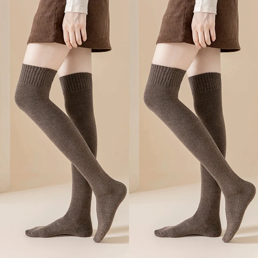 2 Pairs/Lot Winter Warm Thick Stockings Socks Women Over Knee High Hold Up Cotton Sexy Slim Ladies Girls Halloween Gift 6 Colors