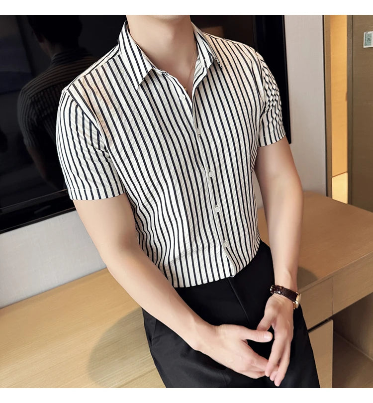 Men Striped Shirt 2026 Summer Light and Thin Breathable Sweat Absorbing Short Sleeved Slim Fit Casual Pleated Shirt Men Clothing