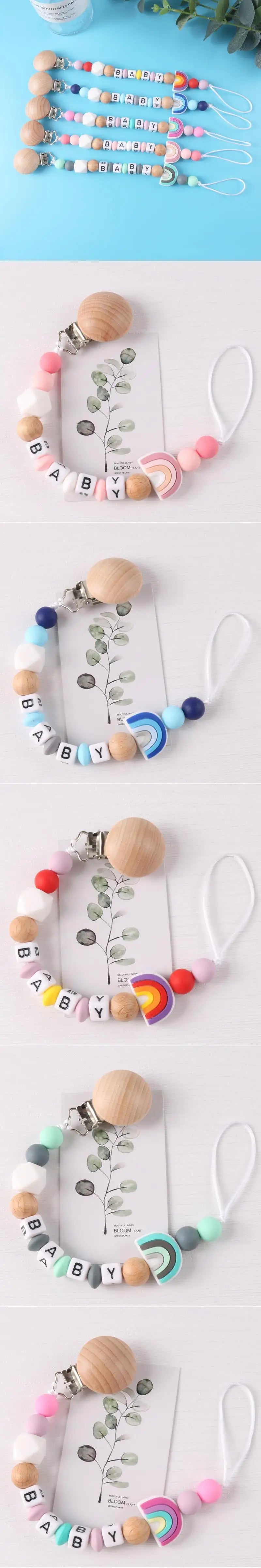 Custom Personalized Name Pacifier Holder Chain Handmade Beech Wooden Clip Cilicone Teether Baby Teething Toy Newborn Chew Gift