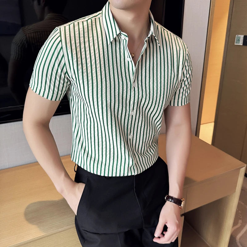 Men Striped Shirt 2026 Summer Light and Thin Breathable Sweat Absorbing Short Sleeved Slim Fit Casual Pleated Shirt Men Clothing