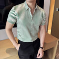 Men Striped Shirt 2026 Summer Light and Thin Breathable Sweat Absorbing Short Sleeved Slim Fit Casual Pleated Shirt Men Clothing