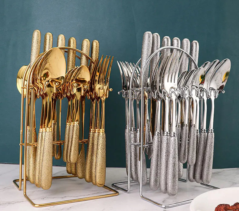 24 Pcs Stainless Steel Cutlery Hammer Pattern Ceramic Handle Knife Fork Spoon Set cutlery set travel cutlery set flatware set