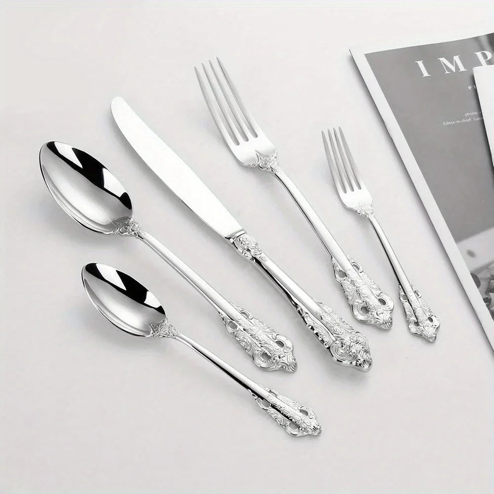 24/30pcs Vintage Cutlery Set Luxury Stainless Steel Flatware Set Forks Knive Spoons Tableware Set Kitchen Utensils