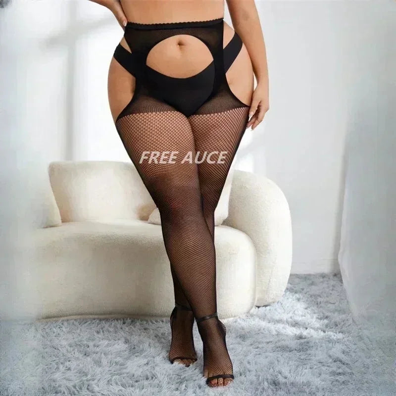 FREEAUCE Women Large Plus Size Stockings with Anti-slip Oversized Lace XXXL Thigh High Sheer Fishnet Black Long Knee Socks
