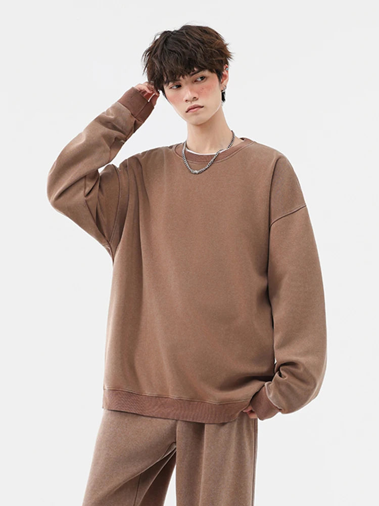 Men's Washed Faded Sweatshirts 330GSM Cotton Polyester O-Neck Knit Sports Pullover Tops Street Y2K Oversized Sweatshirts Unisex