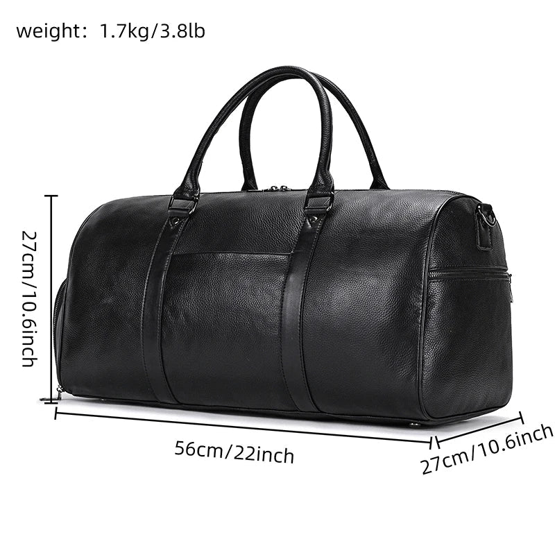 Big Capacity Genuine Leather Travel Bag For Men Women Soft Black Cowhide Casual Travel Duffel Large Luggage Weekend Shoulder Bag