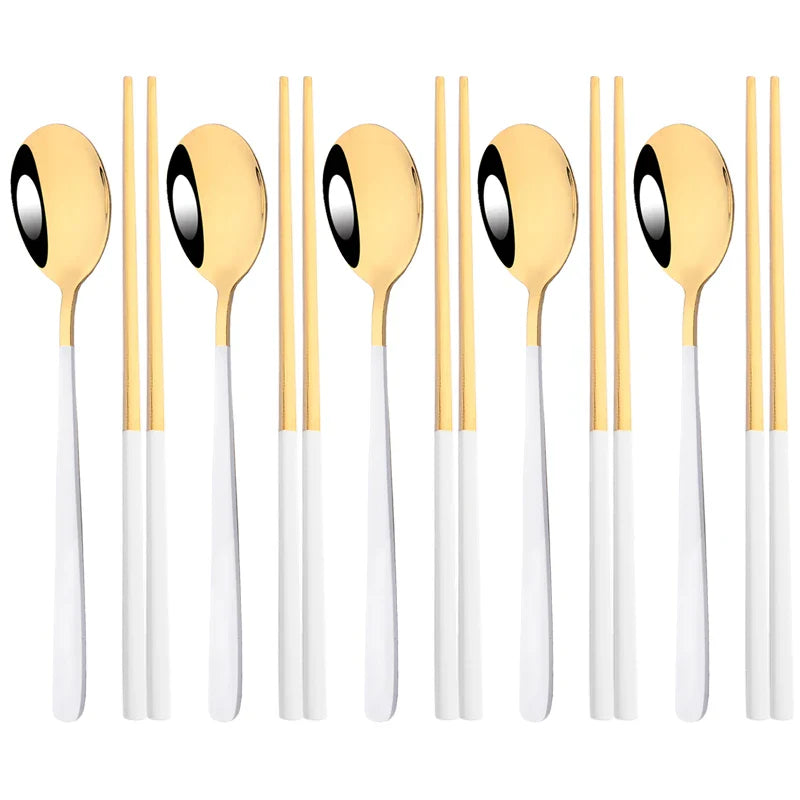 304 Stainless Steel Cutlery Set Sushi Sticks Dinner Spoons Set 10Pcs Dinnerware Korean Chopsticks Dessert Spoon Flatware Set