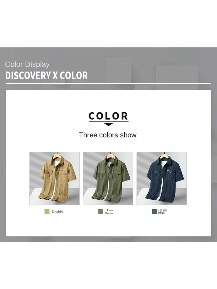 Summer Short Sleeve Shirt Men 100 Cotton Refreshing Breathable Sweat Absorbing Shirt Climbing Work Clothes Pocket Fishing Shirt