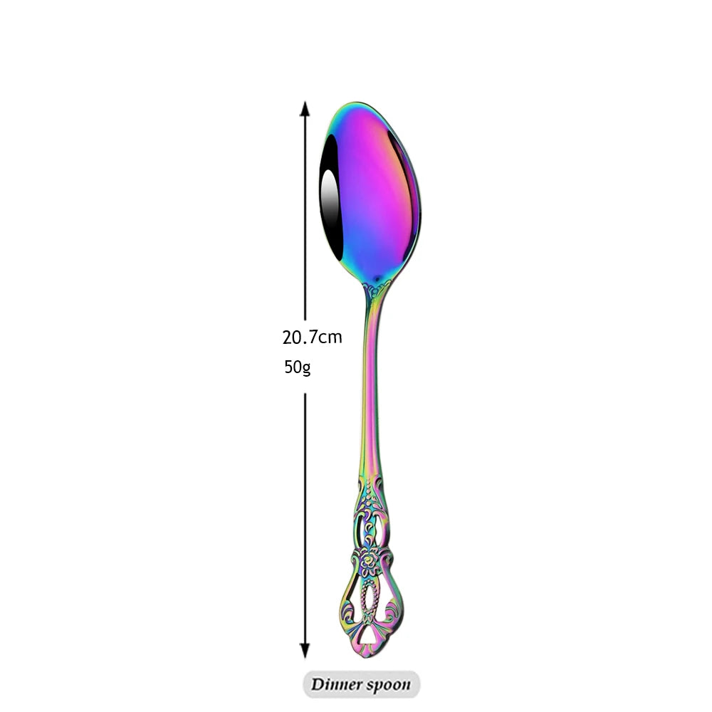 Stainless Steel Cutlery Set Knife Tea Fork Ice Cream Spoon Tableware Set Western Kitchen Flatware Rainbow Vintage Dinnerware Set