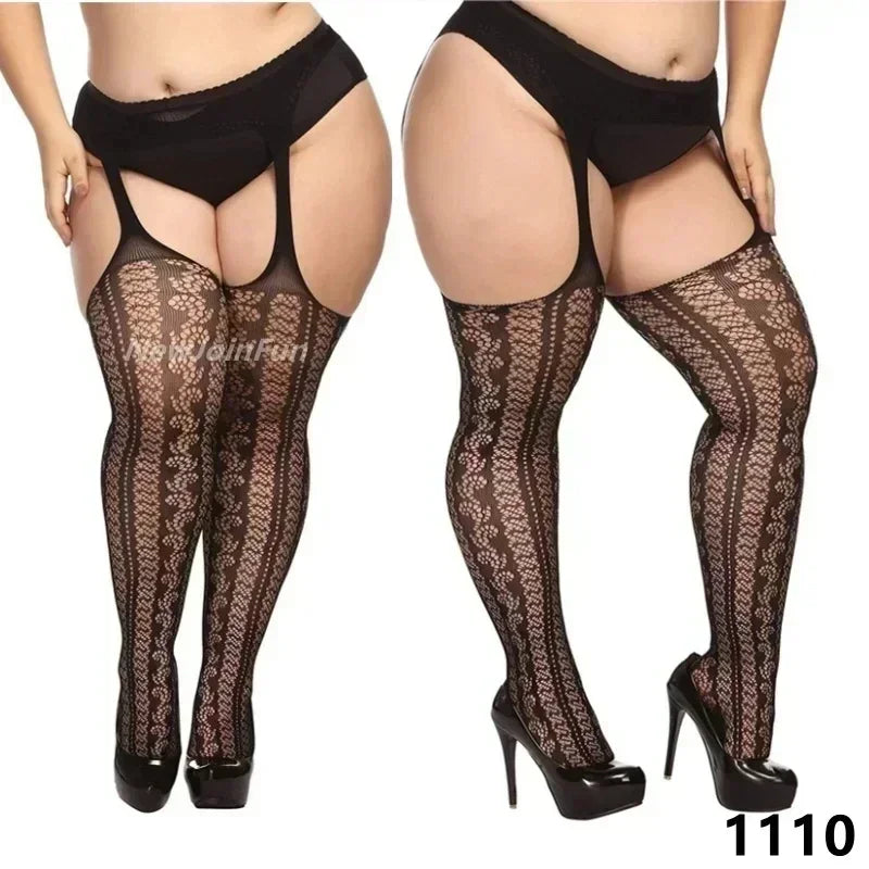 FREEAUCE Women Large Plus Size Stockings with Anti-slip Oversized Lace XXXL Thigh High Sheer Fishnet Black Long Knee Socks