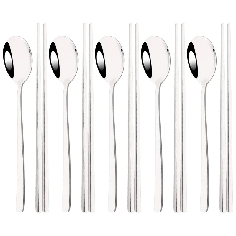 304 Stainless Steel Cutlery Set Sushi Sticks Dinner Spoons Set 10Pcs Dinnerware Korean Chopsticks Dessert Spoon Flatware Set