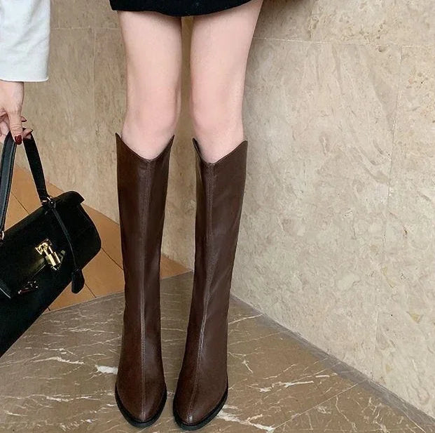 Long Boots for Women Middle Heel Spring Autumn Pointed Toe Quality Knee High Shaft Shoes Woman Work Y2k Hot Gyaru Cosplay New In