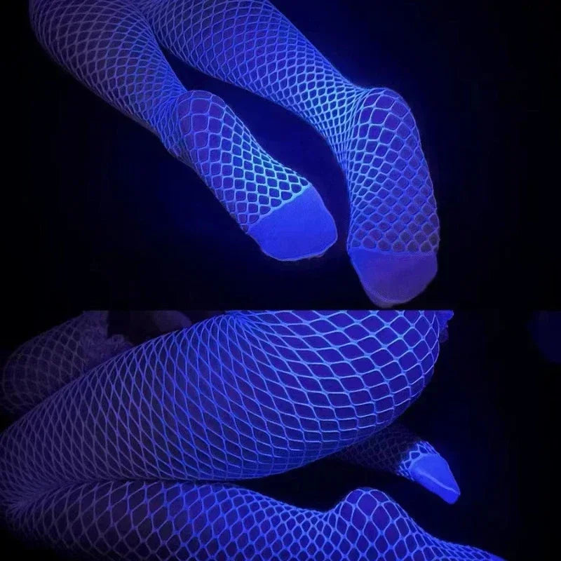 New Night Fluorescent Women's Long Socks Fishnet Body Stockings Curve Lingerie Mesh Fabric High Waist Sex Tights Sexy Bodysuits