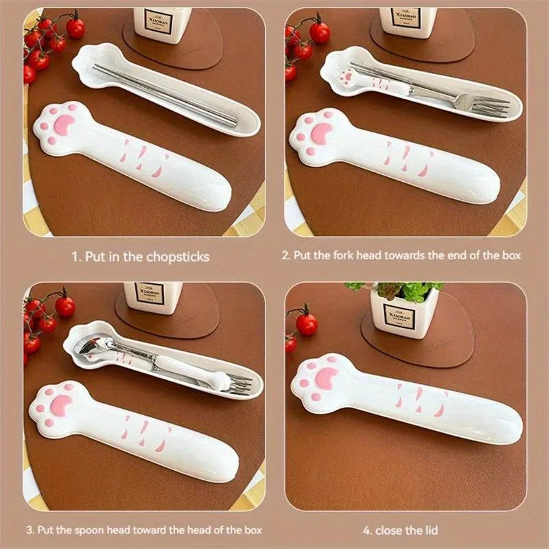 Cute Cat Paw Cutlery Set Stainless Steel Fork Spoon with storage Box Dinnerware Tableware Silverware Lunch Portable Tableware