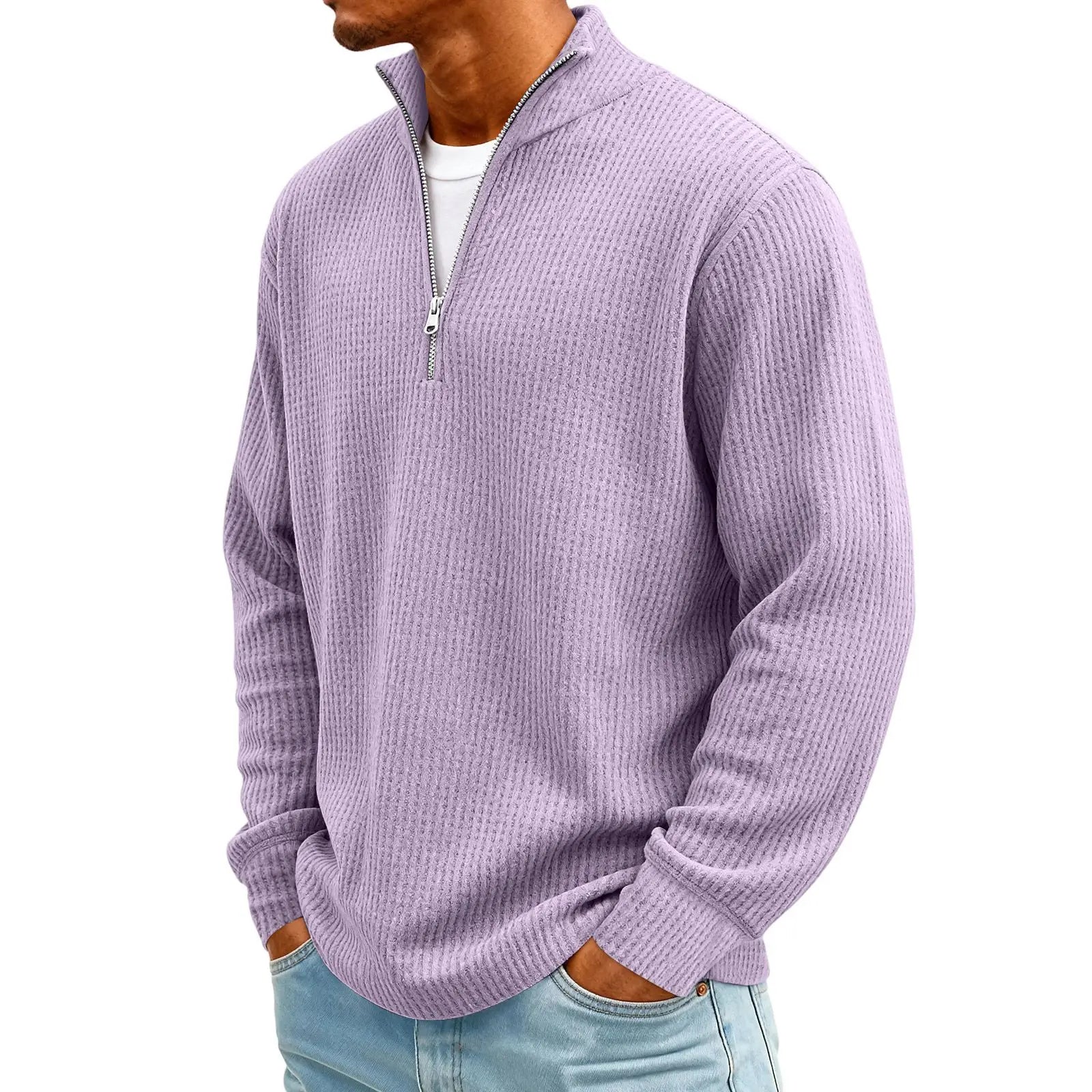New Sweatshirts For Men Spring Waffle Long-sleeved T-shirt Men's Casual Loose Zipper Polo Collar Tees Tops Man Outwear
