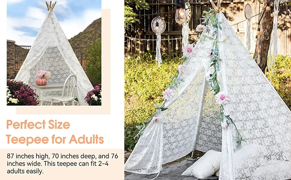 White Lace Teepee Tent for Kids Large Fairy Play House Indoor Wigwam Children Castle Wedding Party Photography Props Boho Decor