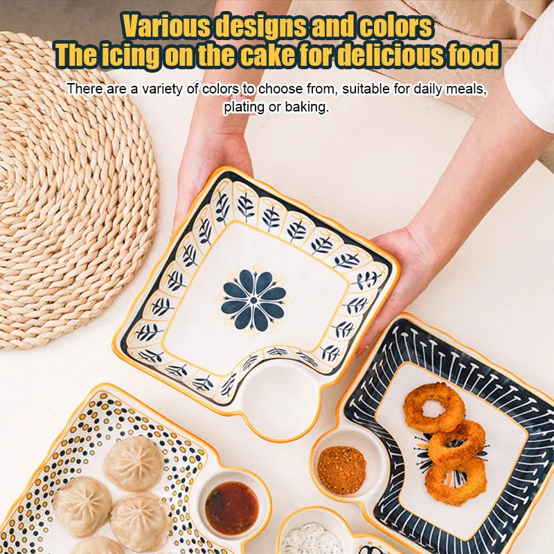 Dumpling Plate with Vinegar Dish Household Ceramic Plate Breakfast Compartment Plate High-Grade Dumpling