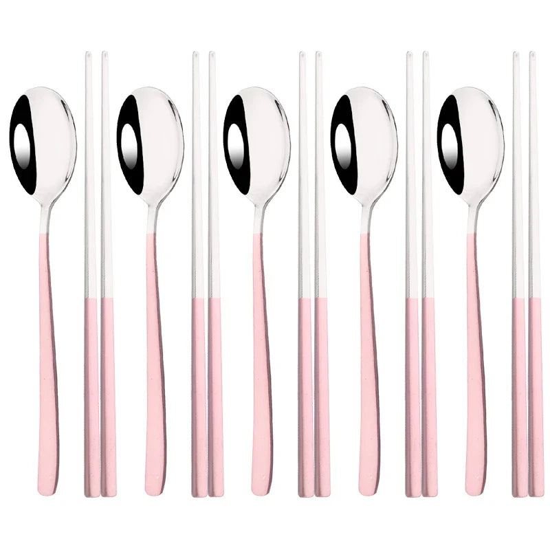304 Stainless Steel Cutlery Set Sushi Sticks Dinner Spoons Set 10Pcs Dinnerware Korean Chopsticks Dessert Spoon Flatware Set
