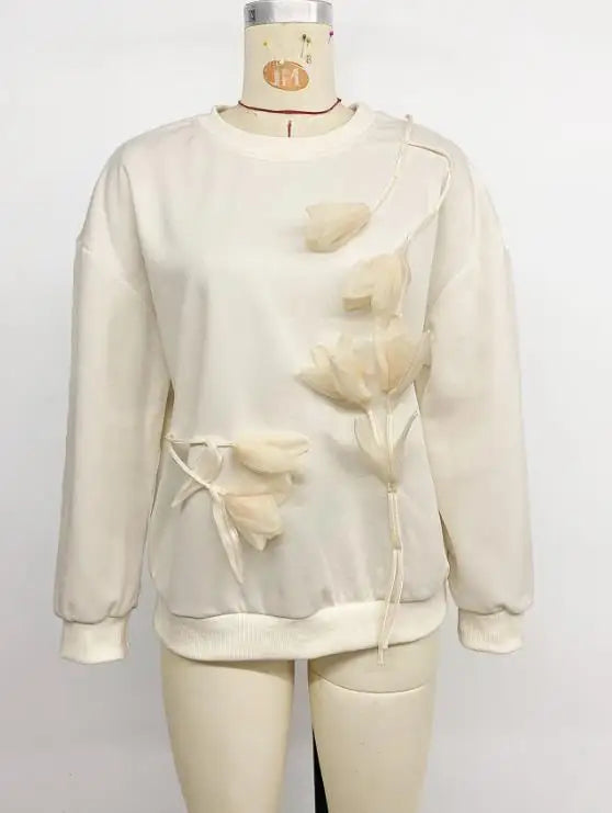Women's Sweatshirts 2025 Spring Autumn New Solid Color Lazy Loose Three-Dimensional Flower Decor Long Sleeved Pullover Hoodie