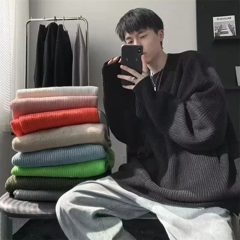 2025 Autumn Crew Neck Solid Color Pullover Sweaters For Men Casual Y2K Knitted Sweater High Street Fashion Jumpers Hombre
