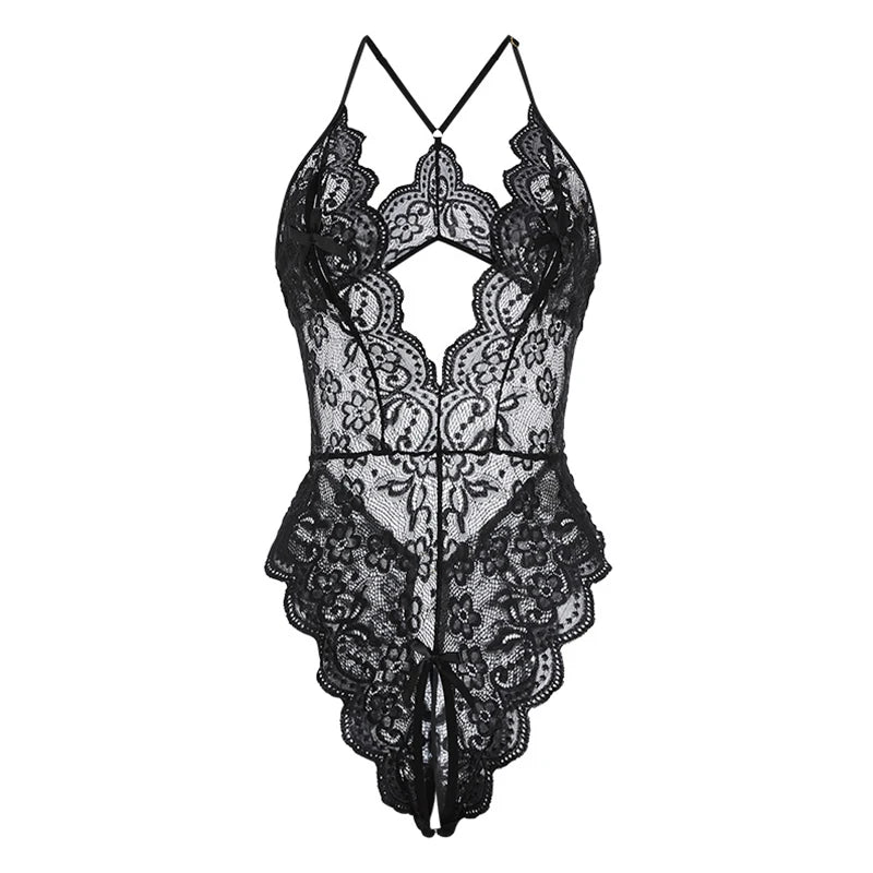 Lace Open Crotch Underwear Women's One-piece Bra Panties Crotchless Erotic Costumes Hot Red Body Suit Pearl Plus Size Sexy Thong