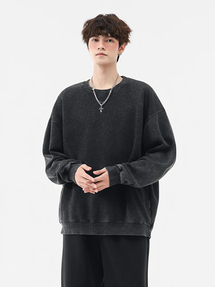 Men's Washed Faded Sweatshirts 330GSM Cotton Polyester O-Neck Knit Sports Pullover Tops Street Y2K Oversized Sweatshirts Unisex
