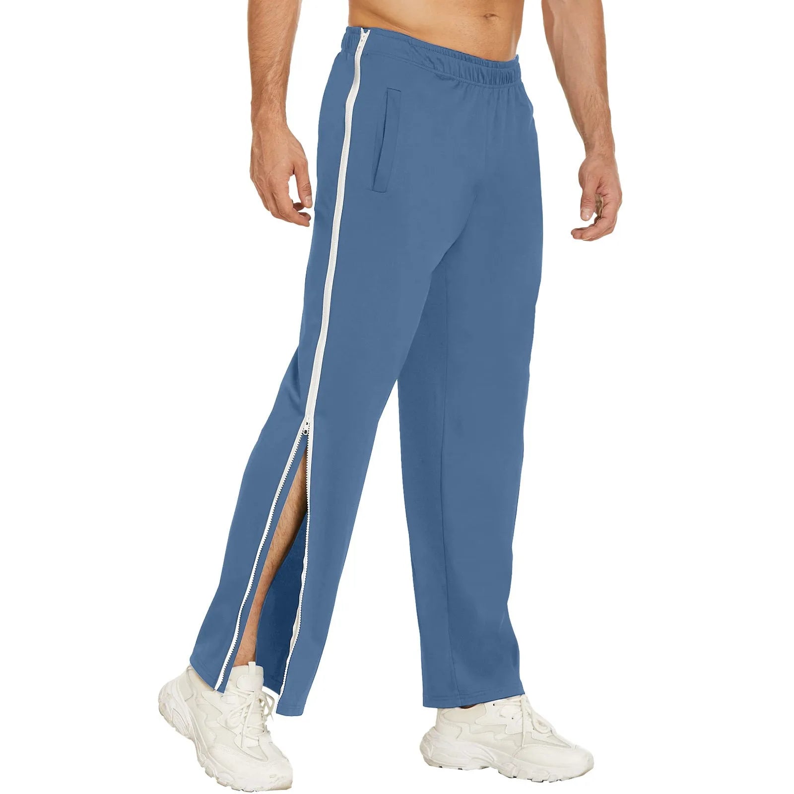 Men Sweatpants Elastic Waistband Pockets Splicing Color Mid-Rise Long Trousers Wide Leg Side Zipper Tear Away Basketball Pants