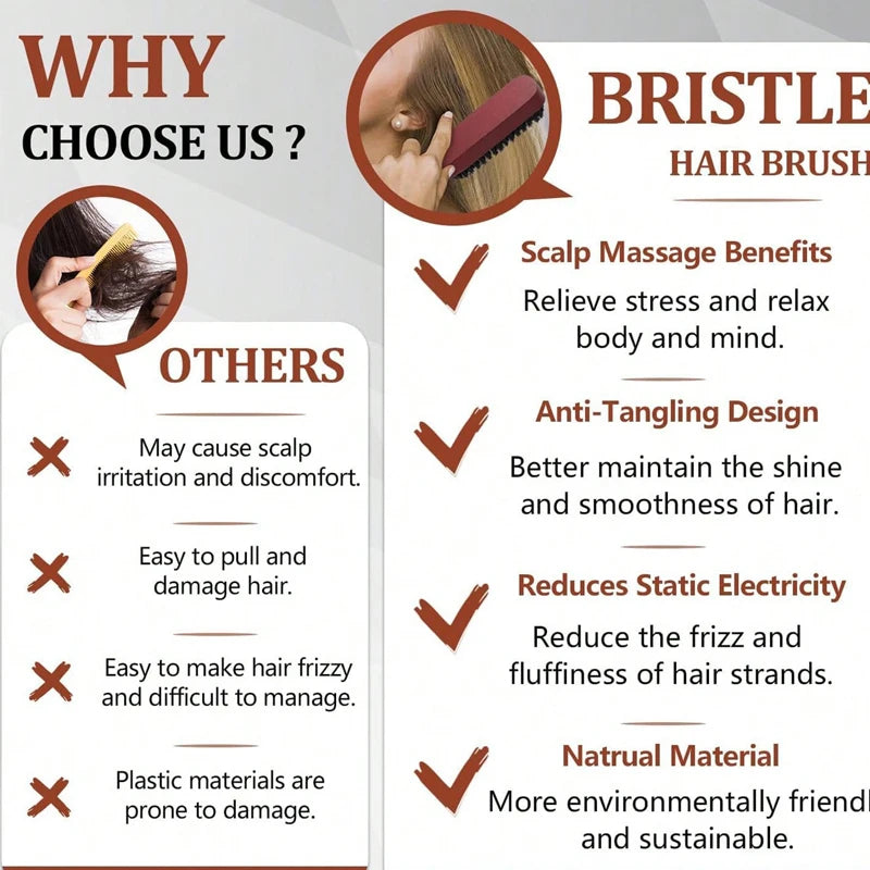 2pcs Premium Bristle Hairbrush with Wooden Handle-Reduces Frizz and Static- Scalp Massage Bristle Brush Set for All Hair Types