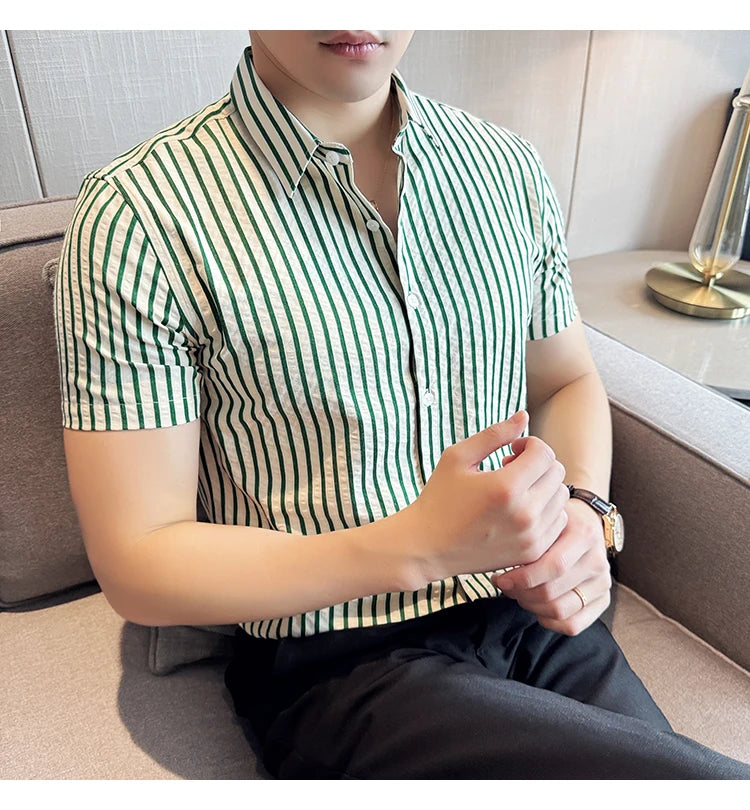 Men Striped Shirt 2026 Summer Light and Thin Breathable Sweat Absorbing Short Sleeved Slim Fit Casual Pleated Shirt Men Clothing