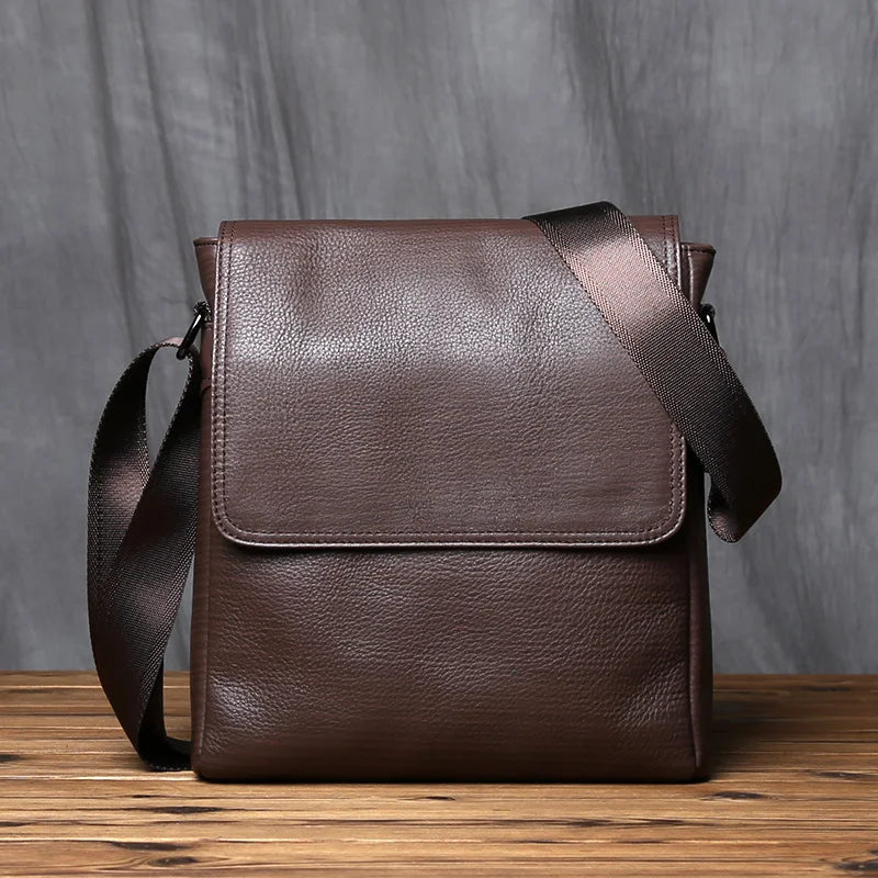 New NZPJ-Leather Shoulder Bag for Men, Natural Cowhide, Vertical Crossbody Bag, Casual, Large Capacity, Flip, Zipper, 10 ", iPad