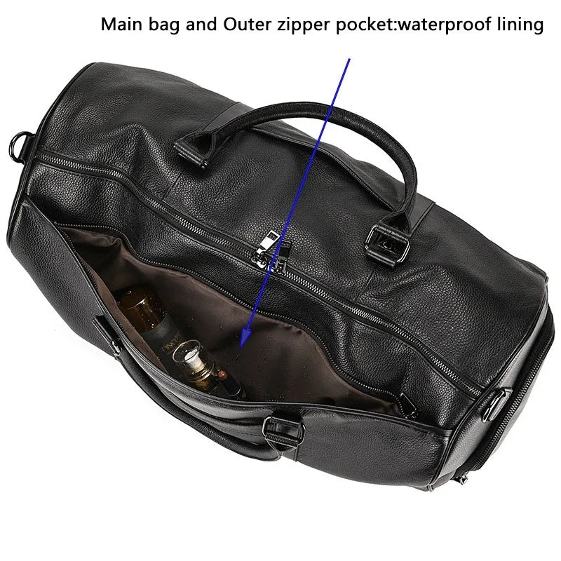 Big Capacity Genuine Leather Travel Bag For Men Women Soft Black Cowhide Casual Travel Duffel Large Luggage Weekend Shoulder Bag