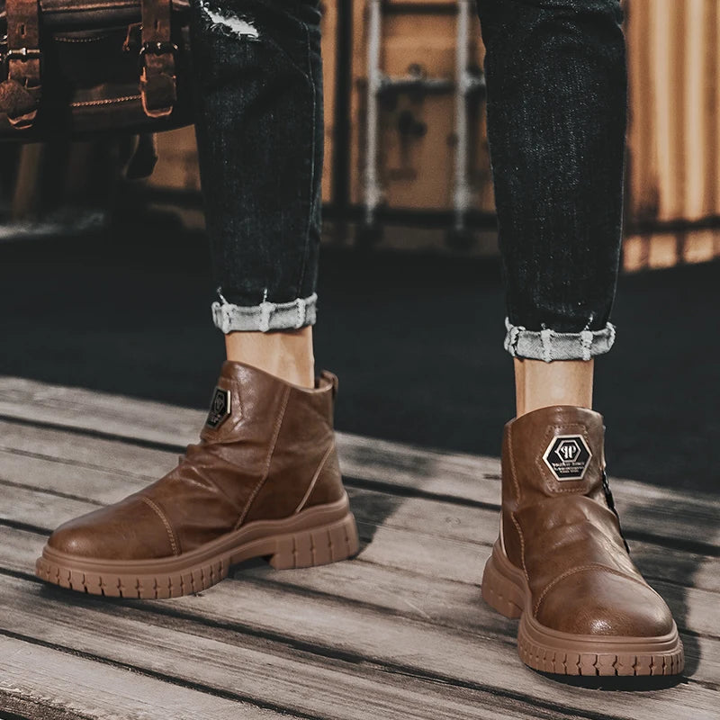 Fashion Mens Ankle Boots British Style High Top Casual Shoes Outdoor Walking Shoes Non-slip Work Boots Comfortable Leather Boots