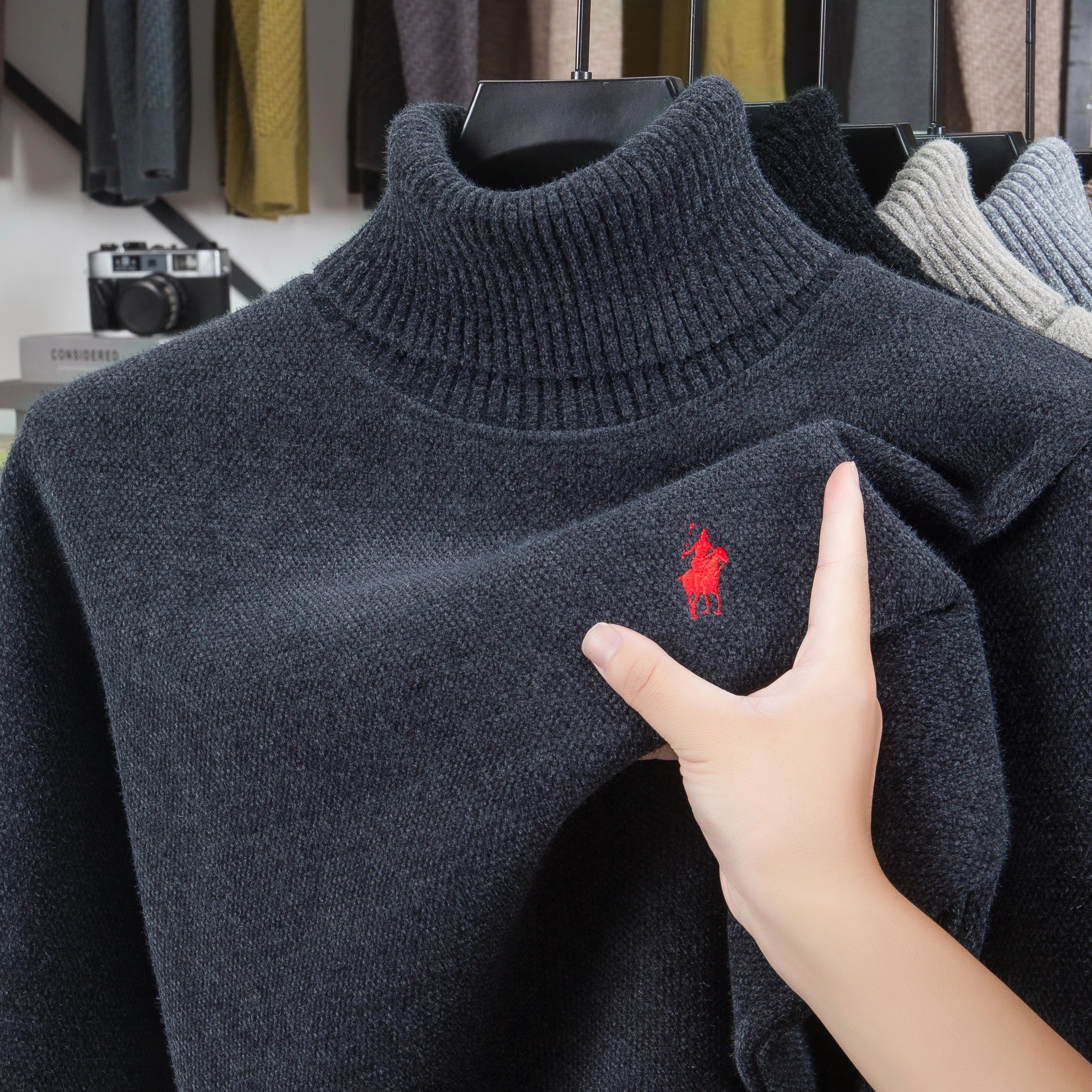 Designer Luxury Brand Men's Knit Pullover Pony Embroidered Sweater Winter British Business Fashion Trend Plush Thicken Menswear
