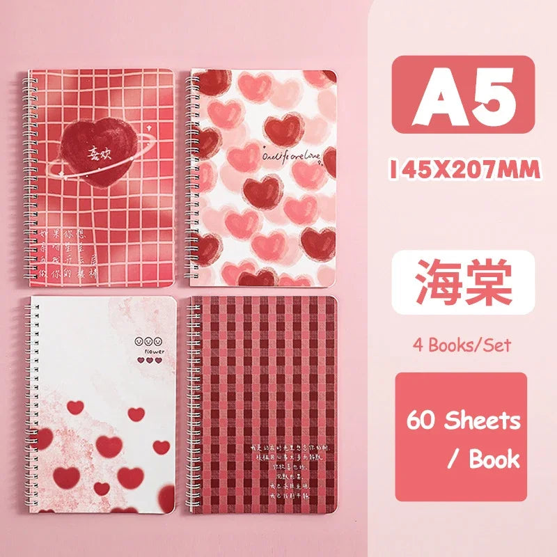 4 Books/Set A5 Coil Lined Notebook High Quality Kawaii Korean Stationery Cute School Supplies for Students