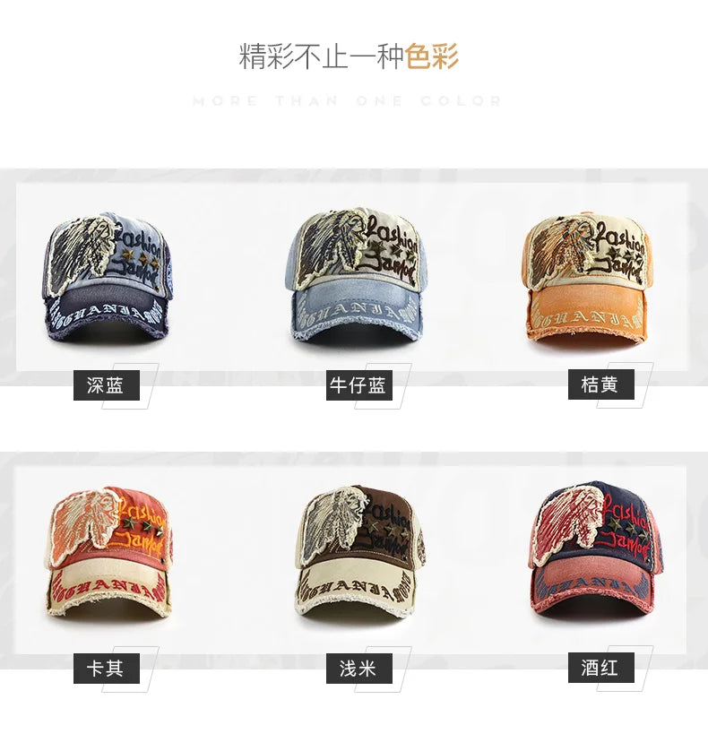 Vintage Washable Cowboy Baseball Cap Embroidery Snapback Hat for Men Women Worn Out Hip Hop Caps Adjustable Solid Cotton Sun Hat