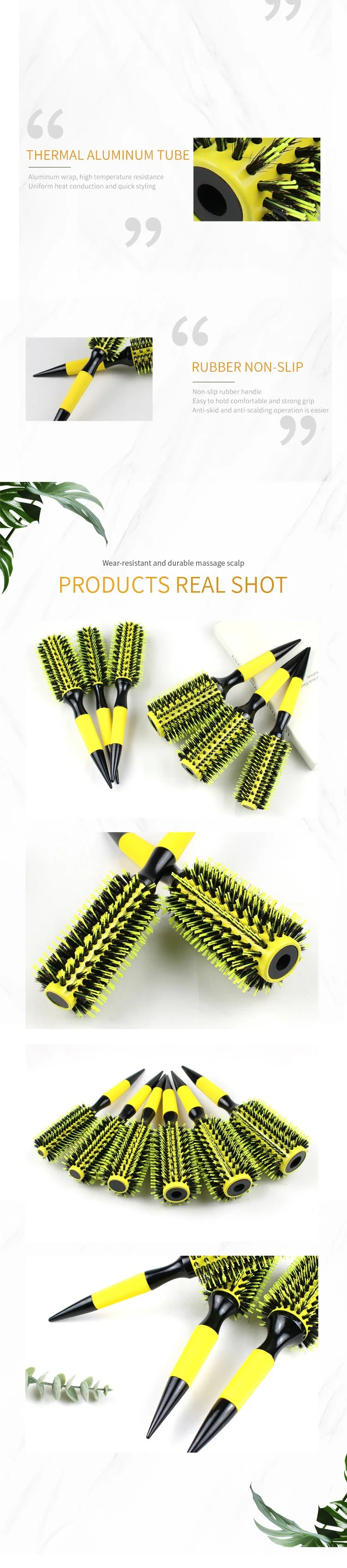 Professional  Round Wooden Hair Brush 6 Sizes Boar Bristle Mix Nylon Salon Women Hair Styling Tools Yellow Brazil Hair Curlerl