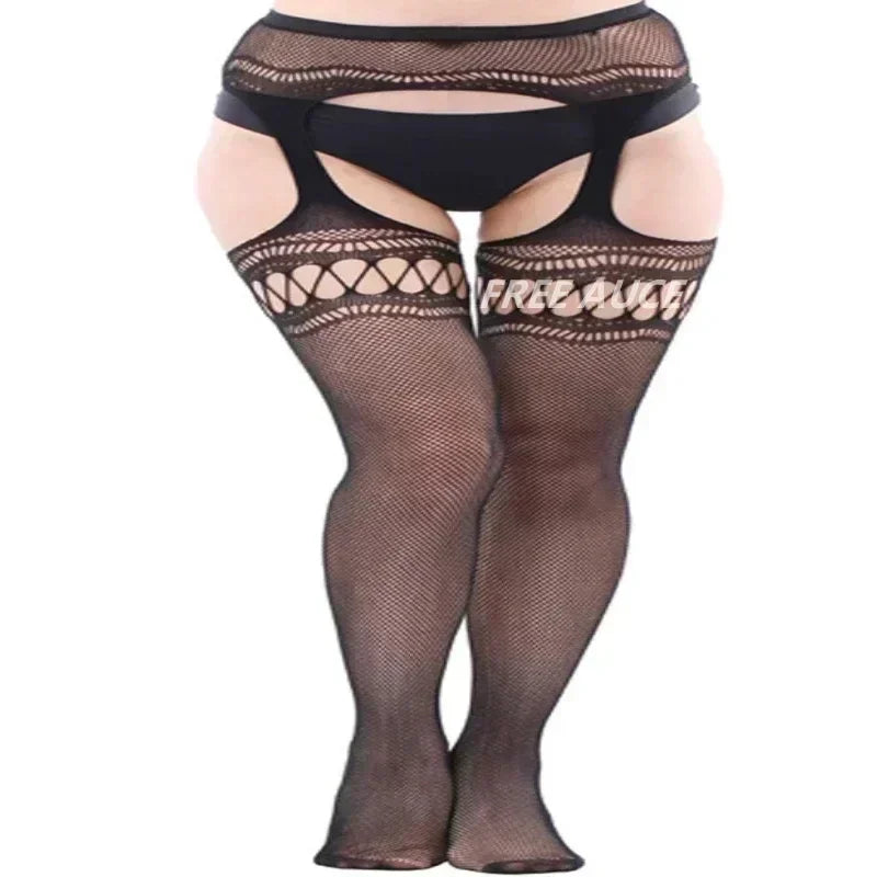 FREEAUCE Women Large Plus Size Stockings with Anti-slip Oversized Lace XXXL Thigh High Sheer Fishnet Black Long Knee Socks