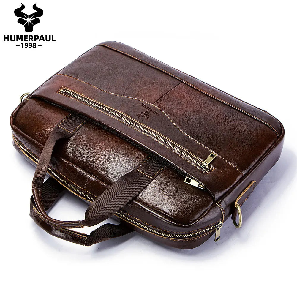 HUMERPAUL Briefcase Men Business Shoulder Messenger Bags Genuine Leather 15" Laptop Bag Men's Briefcase Office Business Handbag