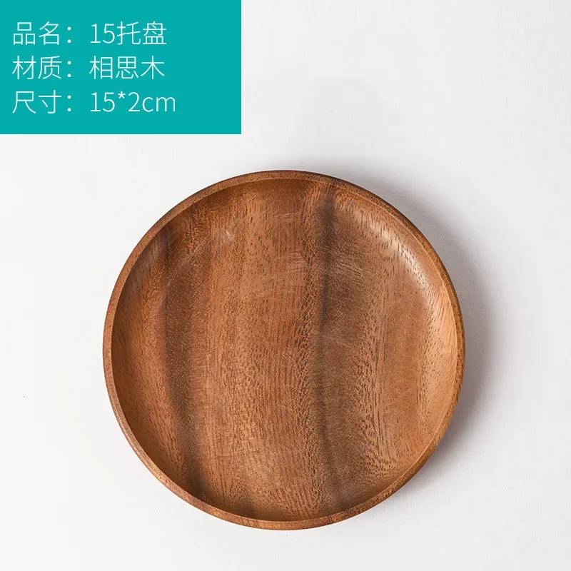 Japanese Household Dishes Acacia Wood Round Tableware Salad Dessert Tray Vintage Wood Dinnerware Set Plates Serving Platter