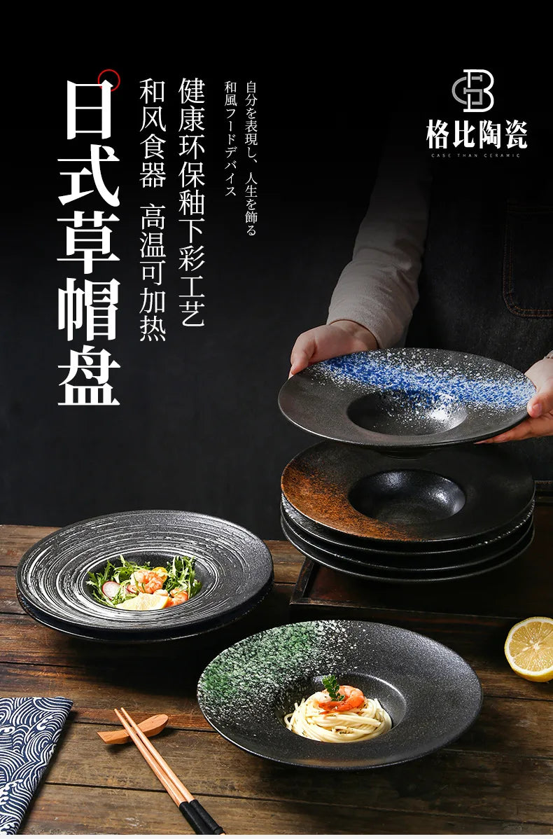 Italian Straw Hat Plate Commercial Italian Noodle Western Salad Plate Japanese Vintage Ceramic Plate UFO Round Deep Soup