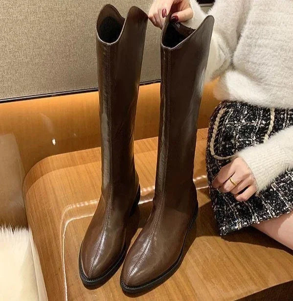 Long Boots for Women Middle Heel Spring Autumn Pointed Toe Quality Knee High Shaft Shoes Woman Work Y2k Hot Gyaru Cosplay New In