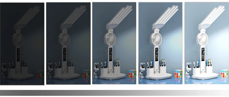 3in1 Multifunction Table Lamp LED Four-headed Folding With Fan Calendar Clock USB Rechargeable Desk light 3 color Reading Lamp
