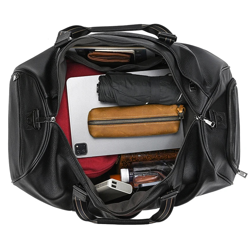 Big Capacity Genuine Leather Travel Bag For Men Women Soft Black Cowhide Casual Travel Duffel Large Luggage Weekend Shoulder Bag